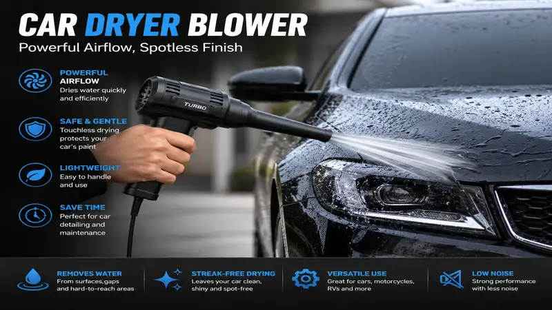 car dryer blower removing water from a black luxury car with powerful touchless airflow