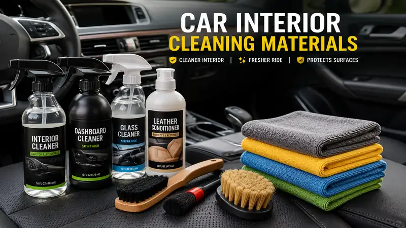 car interior cleaning materials with sprays brushes microfiber cloths and interior detailing tools