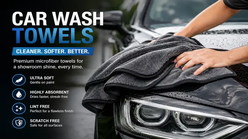 car wash towels drying a black luxury car with premium microfiber cleaning performance