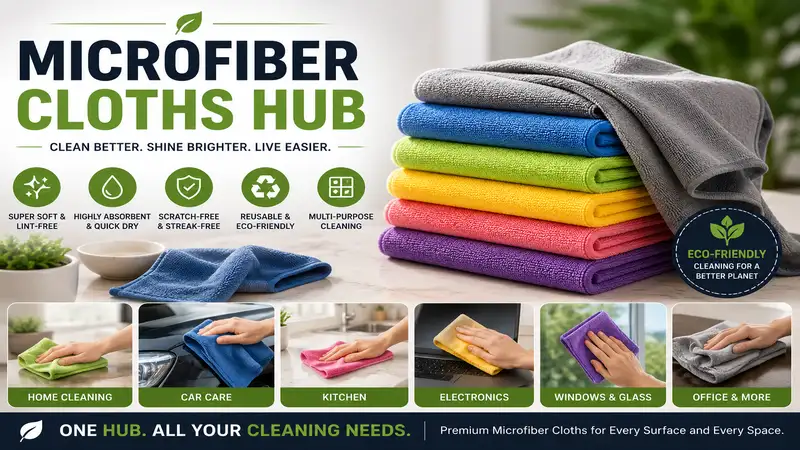 Microfiber Cloths Hub featuring reusable microfiber cleaning cloths for home, kitchen, car, and electronics cleaning