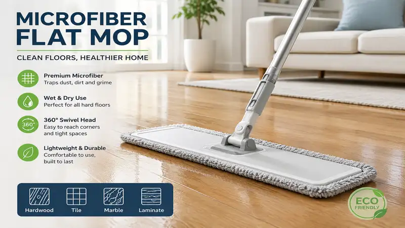 microfiber flat mop cleaning hardwood floor in a modern living room