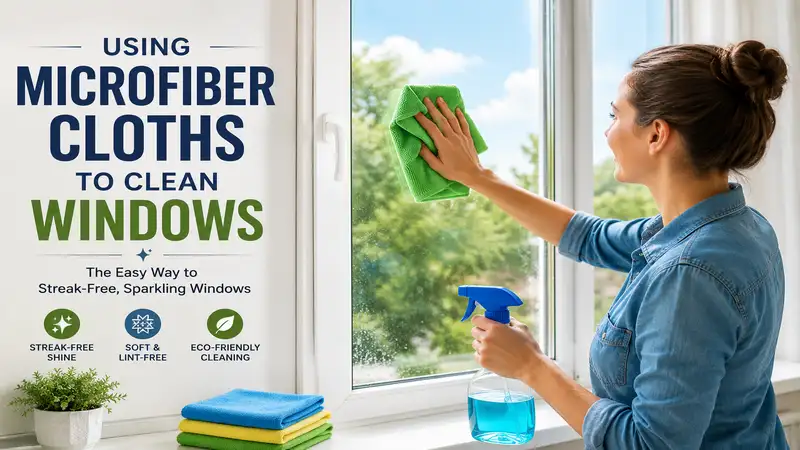 using microfiber cloths to clean windows for a streak-free shine in a bright modern home