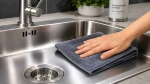 Person using microfiber cloth for cleaning stainless steel sink to achieve a polished and shiny surface
