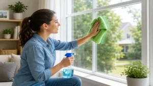 using microfiber cloths to clean windows inside a cozy living room with natural sunlight