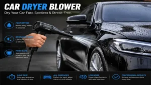car dryer blower drying a black sedan with streak-free and spot-free finishing results