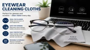eyewear cleaning cloths placed beside glasses and laptop for daily screen and lens cleaning