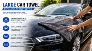 Extra large car towel drying a freshly washed black sedan