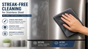 Microfiber cloth for cleaning stainless steel appliances with before and after streak-free comparison
