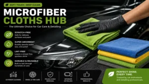 Microfiber Cloths Hub with premium microfiber towels for car detailing and polishing surfaces