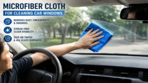 driver using microfiber cloth for cleaning car windows and removing dust from windshield