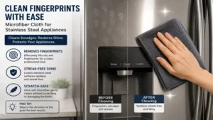 Microfiber cloth for cleaning stainless steel fingerprints and smudges on refrigerator surface