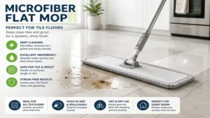 microfiber flat mop cleaning wet spills and dirt on shiny tile floors