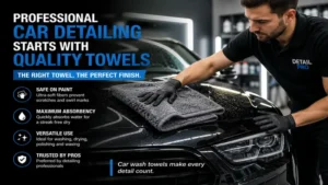 professional using car wash towels during automotive detailing and drying process
