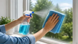 using microfiber cloths to clean windows with spray cleaner for sparkling clear glass