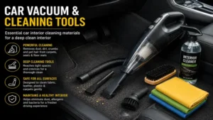 car vacuum and cleaning tools as part of car interior cleaning materials for deep cleaning