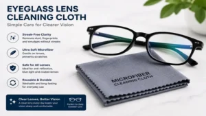 eyeglass lens cleaning cloth beside modern prescription eyeglasses