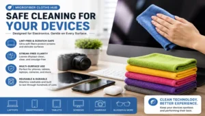 Microfiber Cloths Hub designed for safe cleaning of laptops, screens, phones, and electronics