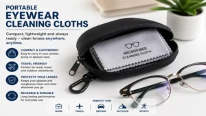 portable eyewear cleaning cloths stored in a travel pouch with eyeglasses for easy carrying