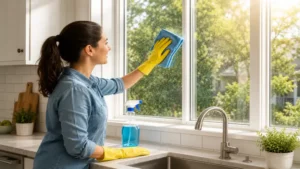 using microfiber cloths to clean windows in a bright modern kitchen during daytime