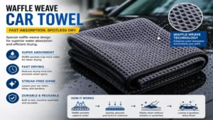 Waffle weave car towel designed for fast water absorption
