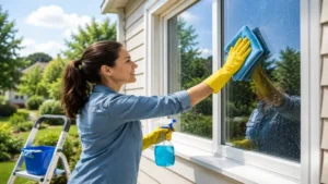 using microfiber cloths to clean windows outdoors with a ladder and glass cleaner spray