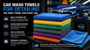 car wash towels for detailing organized with colorful microfiber towels and supplies