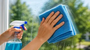 close-up of using microfiber cloths to clean windows with detailed wiping motion on glass