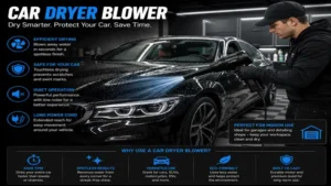car dryer blower being used inside a garage for quiet efficient and touchless car drying