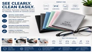 close-up of eyewear cleaning cloths with glasses showing effective dust and fingerprint removal