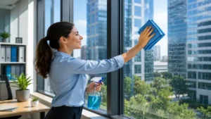using microfiber cloths to clean windows in a modern office with large city view windows