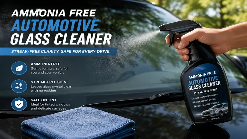 Ammonia free automotive glass cleaner spray bottle cleaning a vehicle windshield for a streak-free finish