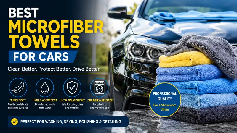 best microfiber towels for cars displayed beside a polished vehicle for professional detailing, washing, drying, and paint protection