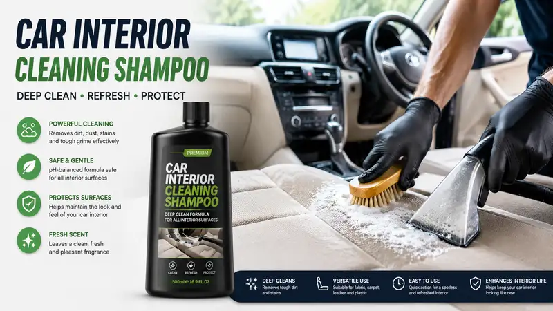 Professional use of car interior cleaning shampoo to deep clean vehicle seats, dashboard, and interior surfaces