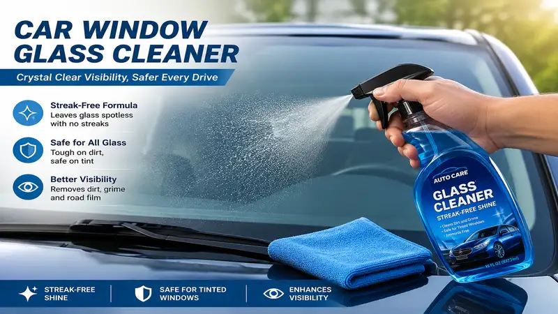 Car window glass cleaner removing streaks and dirt from a vehicle windshield for crystal-clear visibility