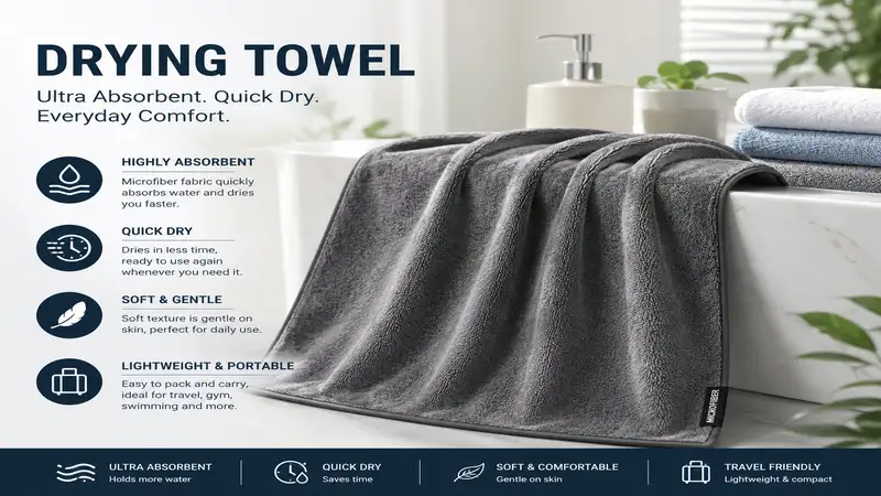 drying towel with ultra absorbent microfiber fabric for quick drying and everyday comfort