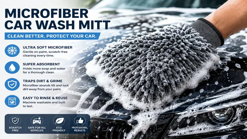 Microfiber car wash mitt cleaning a vehicle with thick suds for a safe scratch-free wash.