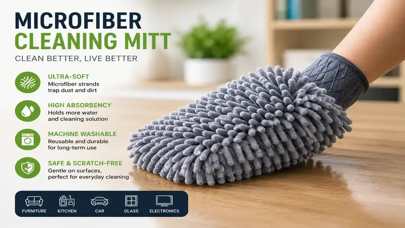 microfiber cleaning mitt used for effective dust and dirt removal on household surfaces