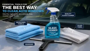 Essential cleaning supplies used in the best way to clean auto windows, including microfiber towels, glass cleaner, and a squeegee