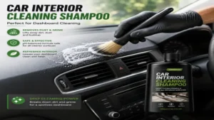 car interior cleaning shampoo removing dust, dirt, and grime from a vehicle dashboard