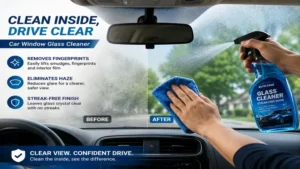 Car window glass cleaner being applied to the inside windshield to eliminate fingerprints and haze
