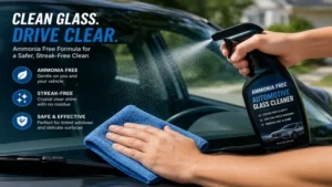 Driver applying ammonia free automotive glass cleaner to remove dirt and smudges from a car windshield