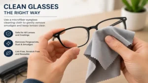 Person using a microfiber eyeglass cleaning cloth to safely clean eyeglass lenses
