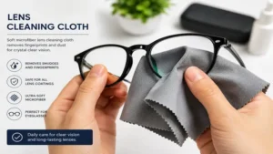 Soft microfiber lens cleaning cloth removing fingerprints and dust from eyeglass lenses