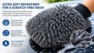 Close-up of a microfiber car wash mitt showing ultra-soft microfiber strands for gentle paint cleaning.