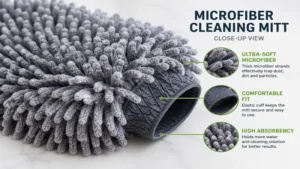 Close-up view of microfiber cleaning mitt showing soft and absorbent fibers