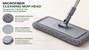 Close-up of a microfiber cleaning mop head showing dust-trapping microfiber fibers