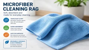 Soft microfiber cleaning rag designed for dusting and polishing household surfaces