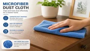 Microfiber dust cloth trapping dust on wooden furniture