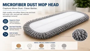 Microfiber dust mop head designed to capture fine dust particles and pet hair on indoor surfaces