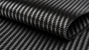 Close-up view of carbon fibre cloth showing a detailed twill weave pattern and glossy fiber structure
